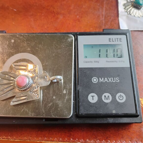 Southwestern Hand Stamped Sterling Silver Thunderbird Pendant Pink Conch Shell - Picture 7 of 7